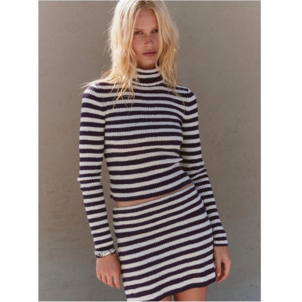 Free People Free-est Super Stripe Sweater Set Skirt Navy Ribbed Knit - XSmall